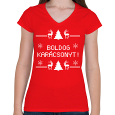 PRINTFASHION Boldog karácsonyt rénszarvas - Női V-nyakú póló - Piros