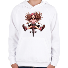 PRINTFASHION Boldog kerékpáros lány - Gyerek kapucnis pulóver - Fehér gyerek pulóver, kardigán