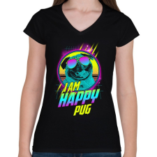 PRINTFASHION Boldog mopsz - Női V-nyakú póló - Fekete női póló