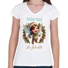 PRINTFASHION Boldog vagy - Női V-nyakú póló - Fehér