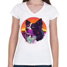 PRINTFASHION Border Collie Synthwave - Női V-nyakú póló - Fehér