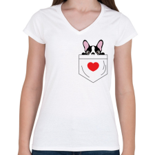 PRINTFASHION Boston Terrier zsebben - Női V-nyakú póló - Fehér női póló