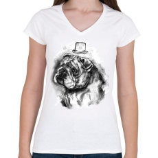 PRINTFASHION bulldog kalappal - Női V-nyakú póló - Fehér