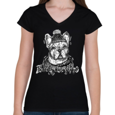 PRINTFASHION bulldog karácsonyt - Női V-nyakú póló - Fekete