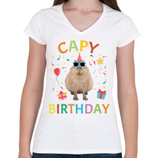 PRINTFASHION Capy Birthday party - Női V-nyakú póló - Fehér