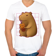 PRINTFASHION Capybara bubis teával - Férfi V-nyakú póló - Fehér