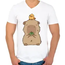 PRINTFASHION Capybara kismadárral - Férfi V-nyakú póló - Fehér férfi póló