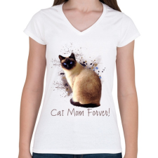 PRINTFASHION cat mom forever - Női V-nyakú póló - Fehér női póló