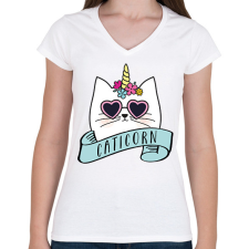 PRINTFASHION Caticorn - Női V-nyakú póló - Fehér női póló