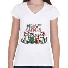 PRINTFASHION Catmas - Női V-nyakú póló - Fehér női póló