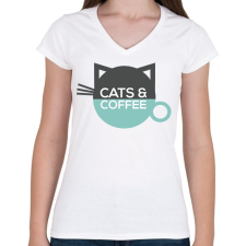 PRINTFASHION Cats & Coffee - Női V-nyakú póló - Fehér női póló