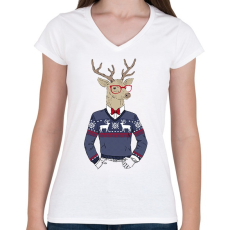 PRINTFASHION Christmas Deer - Női V-nyakú póló - Fehér