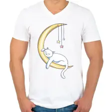 PRINTFASHION Cica a holdon alszik mese - Férfi V-nyakú póló - Fehér férfi póló
