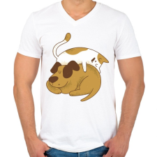 PRINTFASHION Cica és kutya barátság - Férfi V-nyakú póló - Fehér férfi póló