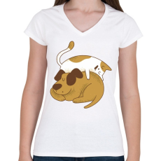 PRINTFASHION Cica és kutya barátság - Női V-nyakú póló - Fehér