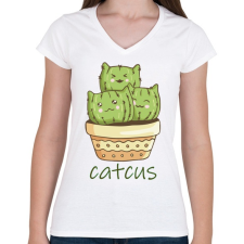 PRINTFASHION Cica - kaktusz - Catcus - Női V-nyakú póló - Fehér női póló