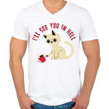 PRINTFASHION Cica - találkozunk a pokolban - Férfi V-nyakú póló - Fehér férfi póló