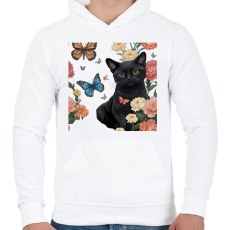 PRINTFASHION cica virágokkal és pillangókkal - Férfi kapucnis pulóver - Fehér