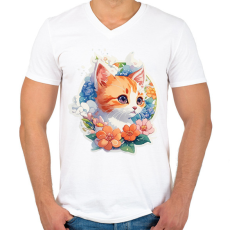 PRINTFASHION Cica virágokkal - Férfi V-nyakú póló - Fehér