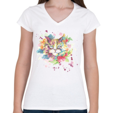 PRINTFASHION Cica vízfesték - Női V-nyakú póló - Fehér női póló