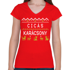 PRINTFASHION CICÁS KARÁCSONY - Női V-nyakú póló - Piros női póló