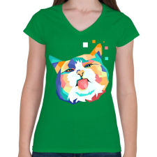 PRINTFASHION Colorfull cat - Női V-nyakú póló - Zöld női póló