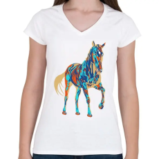 PRINTFASHION Colorfull Horse - Női V-nyakú póló - Fehér