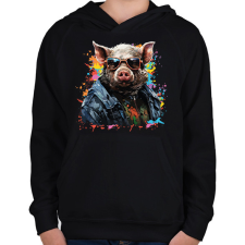 PRINTFASHION Cool pig - Gyerek kapucnis pulóver - Fekete gyerek pulóver, kardigán