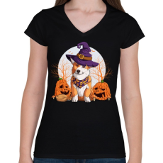 PRINTFASHION Corgi halloween - Női V-nyakú póló - Fekete