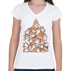 PRINTFASHION Corgi karácsonyfa - Női V-nyakú póló - Fehér