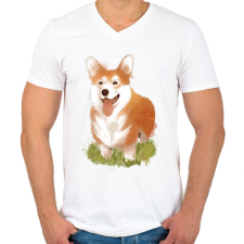 PRINTFASHION Corgi kutyus - Férfi V-nyakú póló - Fehér férfi póló