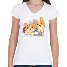 PRINTFASHION Corgik - Női V-nyakú póló - Fehér
