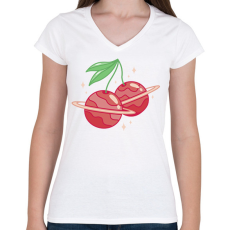 PRINTFASHION Cseresznye bolygók - Női V-nyakú póló - Fehér