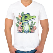PRINTFASHION Cuki krokodil virágokkal - Férfi V-nyakú póló - Fehér férfi pulóver, kardigán