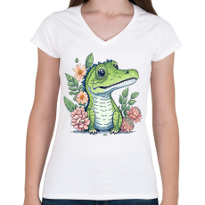PRINTFASHION Cuki krokodil virágokkal - Női V-nyakú póló - Fehér