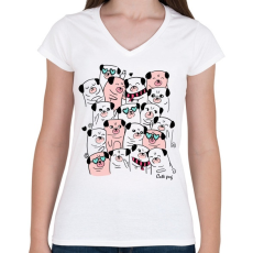 PRINTFASHION Cuki mopszok - Női V-nyakú póló - Fehér