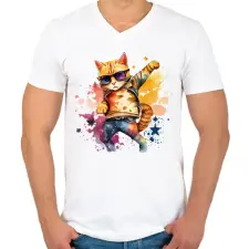 PRINTFASHION Cuki szupersztár macska - Férfi V-nyakú póló - Fehér férfi póló