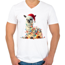 PRINTFASHION Cuki vicces karácsonyi party láma - Férfi V-nyakú póló - Fehér férfi póló