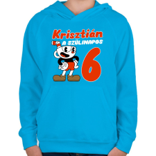 PRINTFASHION Cuphead Szülinap - Egyedi névvel - Gyerek kapucnis pulóver - Azúrkék gyerek pulóver, kardigán