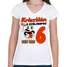 PRINTFASHION Cuphead Szülinap - Egyedi névvel - Női V-nyakú póló - Fehér