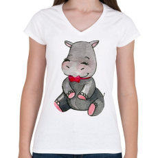 PRINTFASHION Cute Hippo - Női V-nyakú póló - Fehér
