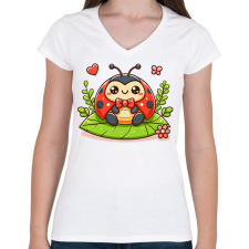 PRINTFASHION Cute Ladybug - Női V-nyakú póló - Fehér női póló