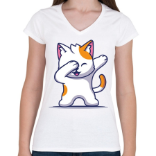 PRINTFASHION Dab Cat - Női V-nyakú póló - Fehér női póló