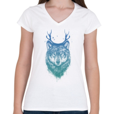 PRINTFASHION Deer wolf - Női V-nyakú póló - Fehér