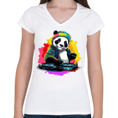 PRINTFASHION DJ Panda - Női V-nyakú póló - Fehér
