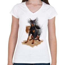PRINTFASHION Dobermann - Női V-nyakú póló - Fehér