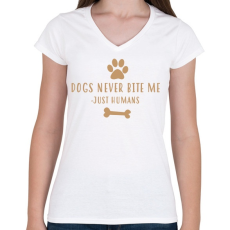PRINTFASHION Dog never bite me - Női V-nyakú póló - Fehér