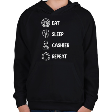 PRINTFASHION Eat, sleep, cashier, repeat - Gyerek kapucnis pulóver - Fekete gyerek pulóver, kardigán