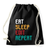 PRINTFASHION Eat, sleep, edit, repeat színes - Sportzsák, Tornazsák - Fekete