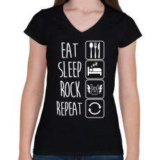 PRINTFASHION Eat Sleep Rock Repeat - Női V-nyakú póló - Fekete